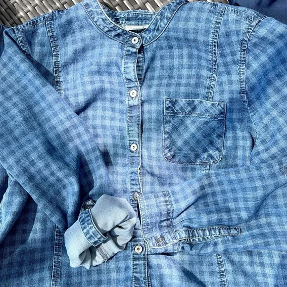 J Jill Blue Denim Check Dress Womens M Plaid Long Sleeve Button Up Distress Boho - Picture 9 of 13